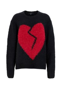 Czarny sweter dżersejowy z dużym czerwonym sercem z postrzępionym czerwonym wzorem na środku. Miękka faktura, okrągły dekolt i ściągacze.