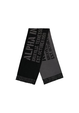 Schwarzer und grauer Strickschal mit Fransen, mit dem Text "Alpha M Knoxville Tennessee Est. October 1959" auf beiden Seiten.