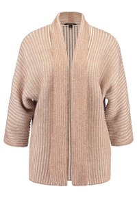 Sweter kardigan wykonany z miękkiej, jasnoróżowej przędzy z białymi paskami, z kołnierzem szalowym i rękawami o długości do łokcia. Otwarty przód.