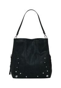 Sac à main en cuir noir avec une seule bandoulière, ornements en clous argentés le long des bords inférieurs avant et texture subtilement embossée.