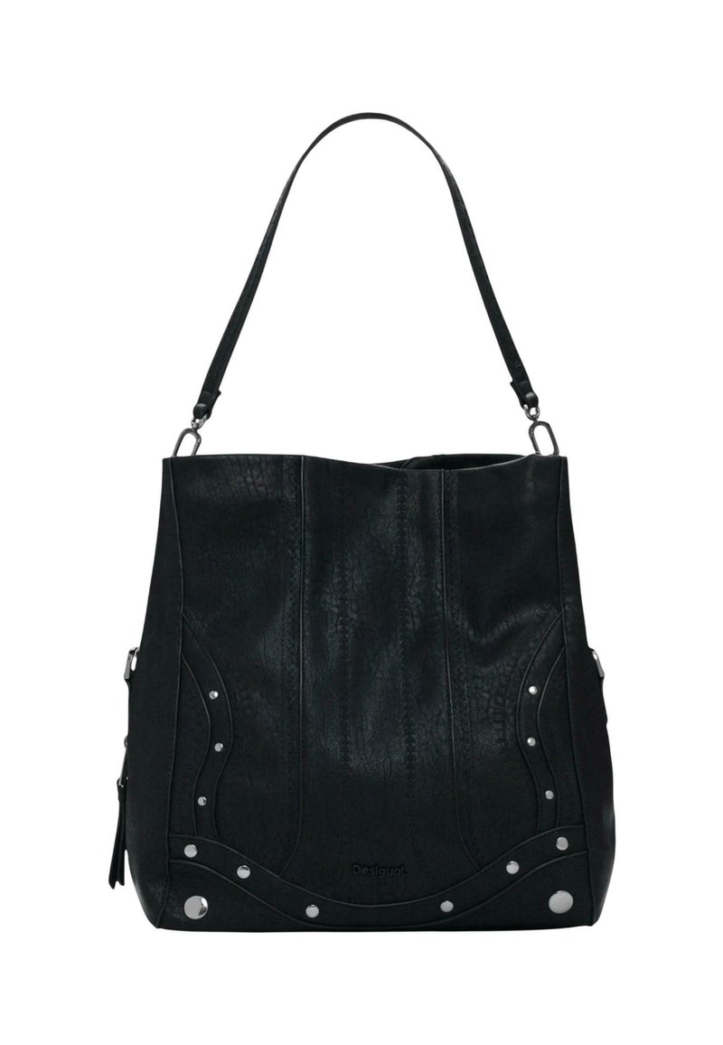 Sac à main en cuir noir avec une seule bandoulière, ornements en clous argentés le long des bords inférieurs avant et texture subtilement embossée.