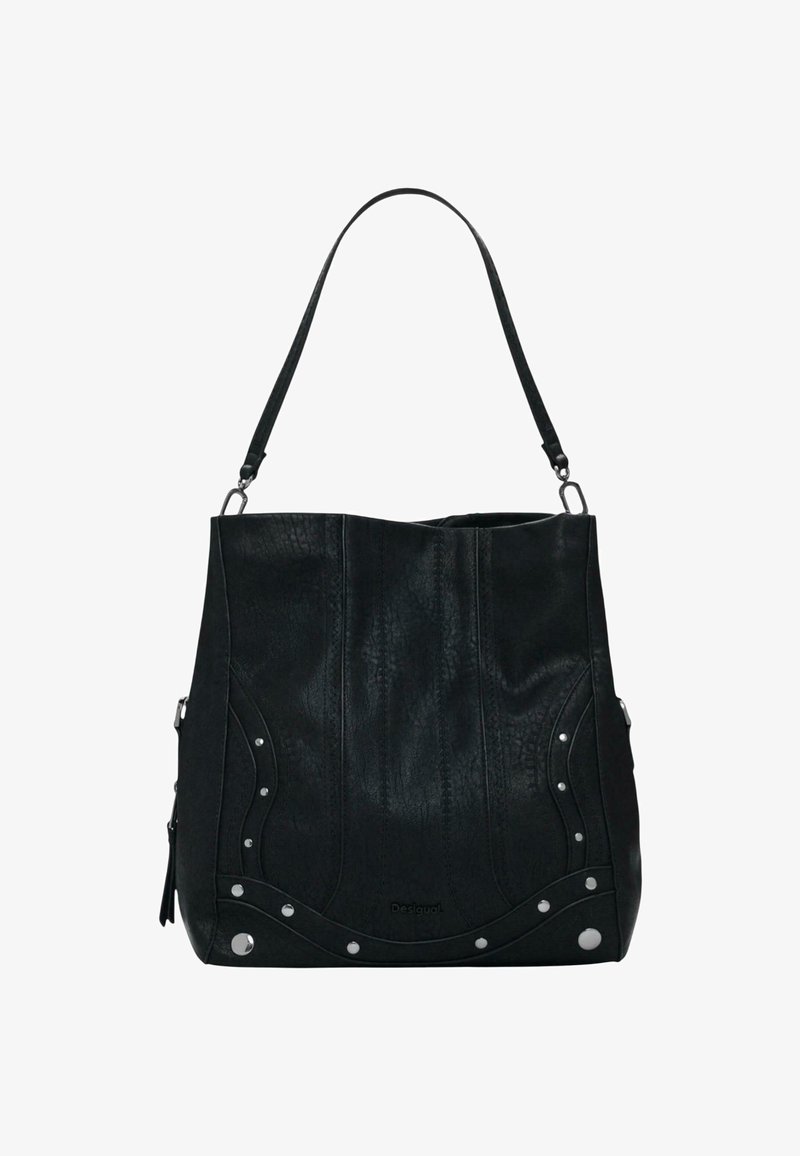Borsa a tracolla in pelle nera con una singola tracolla, dettagli in borchie argentate lungo i bordi inferiori frontali e una leggera texture stampata.