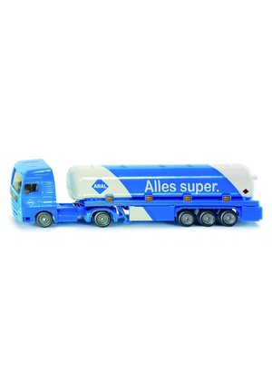 Blue gas tanker truck with a rounded white top, featuring "ARAL" logo and "Alles super" text. Four wheels and detailed chassis design.