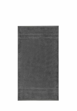 Serviette de bain rectangulaire gris foncé avec des lignes de bordure subtiles sur fond blanc.
