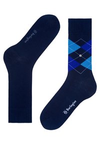 Calze blu navy con un motivo a diamante in diverse sfumature di blu, con un piccolo accento argentato. Realizzate in un materiale liscio e elastico.