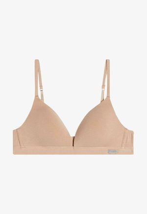 Bralette en forme de triangle en tissu beige clair. Équipée de fines bretelles réglables et d'une texture douce et lisse. Design minimaliste sans rembourrage.