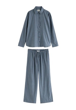 Long-sleeve button-up shirt and matching elastic waist pants in blue and gray plaid fabric, laid flat on white background.