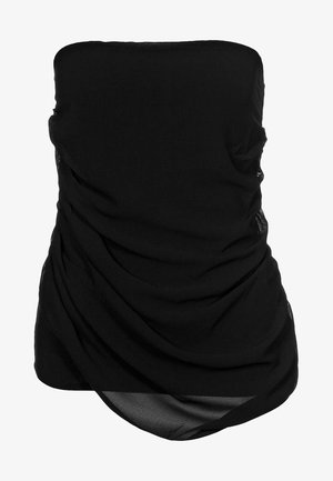 Black strapless top with gathered texture and soft fabric, featuring a draped design and a smooth finish.