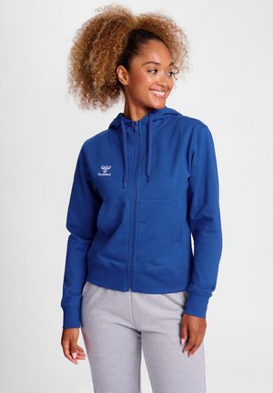 Blaues Zip-Hoodie aus weichem Stoff, mit einer Fronttasche, einer Kapuze mit Kordelzug und gesticktem Logo auf der linken Brust.