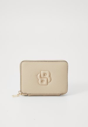 Beige leather wallet with a textured finish, zip closure, and embossed logo on the front. Compact rectangular shape. Gold-tone hardware.