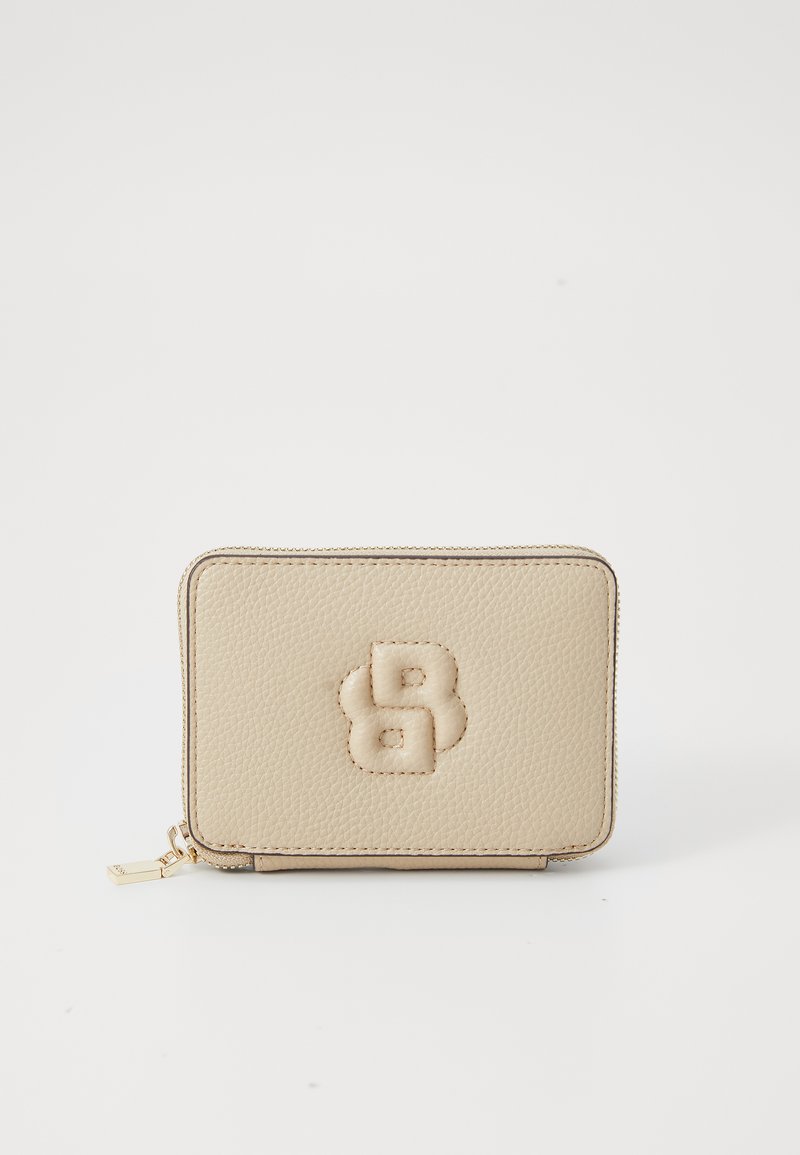 Beige leather wallet with a textured finish, zip closure, and embossed logo on the front. Compact rectangular shape. Gold-tone hardware.
