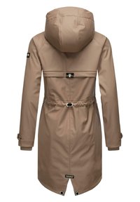 Light brown waterproof coat with a hood, cinched waist, long sleeves, and buttoned cuffs. Features drawstring accents and a logo patch.