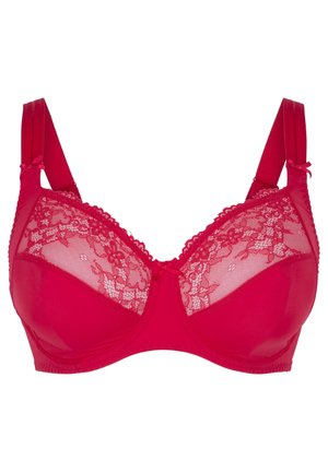 Roter BH mit durchsichtigen Spitzen-Cups und einem soliden Stoffunterteil. Verfügt über verstellbare Träger, dekorative Spitzenborte und eine Schleife in der Mitte.