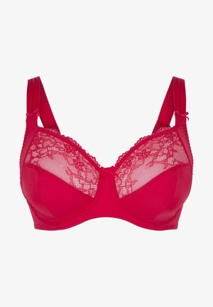 Rode bh met doorschijnende kant cups en een solide stoffen onderstuk. Voorzien van verstelbare bandjes, decoratieve kant afwerking en een strik in het midden.