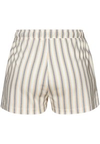 Gestreepte shorts met een elastische tailleband. Beschikt over lichtbeige, grijze en zachte gele verticale strepen. Gemaakt van een lichtgewicht stof.