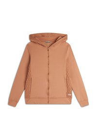 Felpa con cappuccio e zip in misto cotone color marrone chiaro, con pannelli laterali testurizzati, tasche a marsupio e polsini a costine.