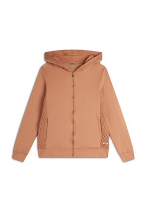 Felpa con cappuccio e zip in misto cotone color marrone chiaro, con pannelli laterali testurizzati, tasche a marsupio e polsini a costine.
