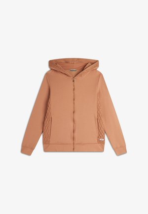 Felpa con cappuccio e zip in misto cotone color marrone chiaro, con pannelli laterali testurizzati, tasche a marsupio e polsini a costine.