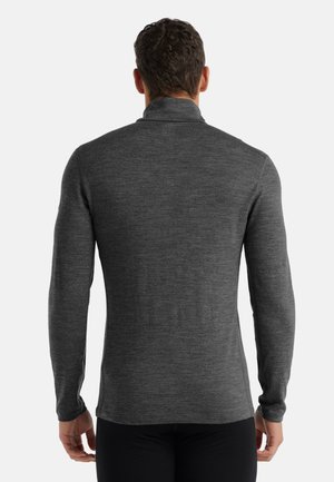 Grau langärmliger Pullover aus einem weichen Material mit hohem Kragen, der eine glatte Textur und eine taillierte Silhouette aufweist.