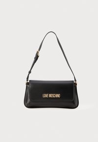 Black leather handbag with a flap closure, featuring a gold-tone "LOVE MOSCHINO" logo. Includes an adjustable strap and smooth texture.