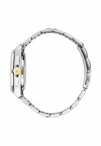 Orologio in acciaio inossidabile argentato con cassa ovale, bracciale a maglie e una corona dorata con un logo. Finitura liscia e lucida in tutto.