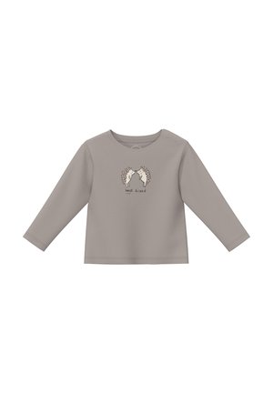 Hellgraues Langarmshirt mit rundem Halsausschnitt, mit einer Grafik von zwei Tieren und dem Schriftzug "beste Freunde" darunter, aus weichem Baumwollmaterial.