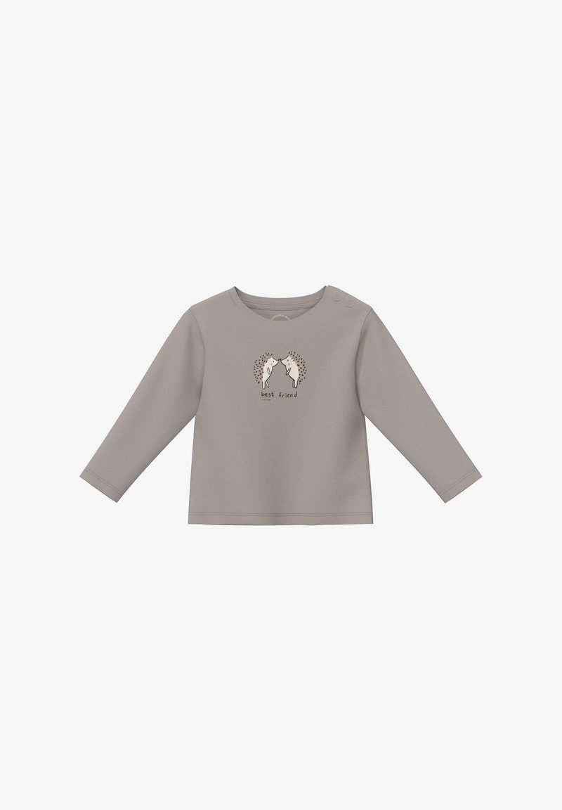 Svijetlosiva majica dugih rukava s okruglim izrezom, na kojoj se nalaze grafike dviju životinja s natpisom "najbolji prijatelj" ispod, od mekog pamučnog materijala.