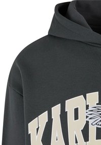 Sweat à capuche gris foncé avec de grandes lettres beiges "KARL" et un graphique partiel d'une aile blanche à plumes sur le devant.