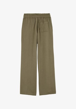 Pantaloni a gamba larga verde oliva realizzati in un tessuto morbido e texture. Presentano una vita elastica e una tasca applicata sul retro.