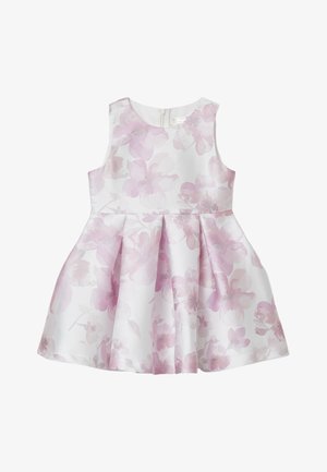 Abito senza maniche bianco con motivo floreale rosa, corpetto aderente e gonna svasata a pieghe, con chiusura a cerniera sul retro.