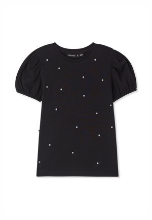 T-shirt nera a maniche corte con maniche gonfie, decorata con strass sparsi. Materiale in cotone, scollo rotondo.