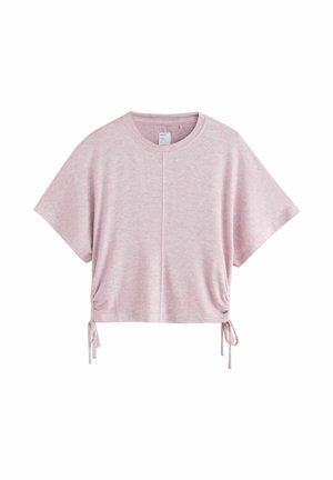 Rosa kurzes T-Shirt aus weichem, strukturiertem Stoff. Es hat kurze Ärmel, einen runden Ausschnitt und verstellbare Bänder an den Seiten.