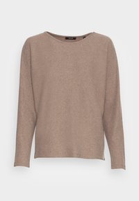Beige gerippter Pullover mit langem Arm, rundem Halsausschnitt, leicht lockerer Passform und weichem Strickmaterial.