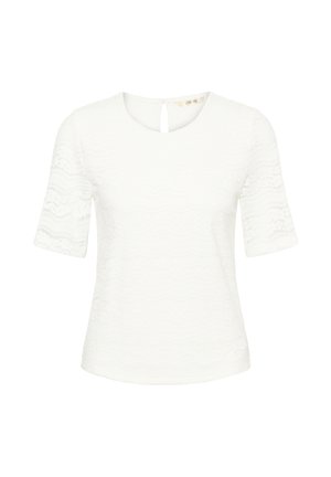 Bílý krajkový top s krátkými rukávy, zdobený vlnkovým vzorem, kulatým výstřihem a detailem na zádech s průstřižkem. Hladká textura, lehká látka.