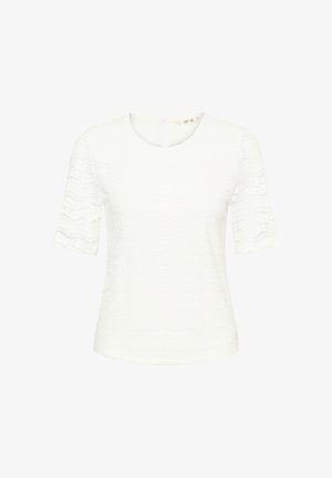 Baltas nėriniuotas palaidinė su trumpomis rankovėmis, puošta banguotu raštu, apvalia iškirpte ir atvira nugara su maža iškirpte. Lygus paviršius, lengva medžiaga.