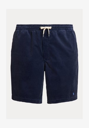 Navy blue corduroy shorts with an elastic waistband and white drawstring. Features vertical ribbed texture and a small logo at the hem.
