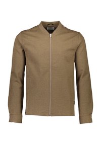 Brun zip-up jakke med ribbet krave, lange ærmer og sidelommer. Glat stoftekstur med et enkelt, moderne design.