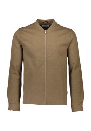 Bruine zip-up jas met een ribbelkraag, lange mouwen en zijzakken. Soepele stoftextuur met een eenvoudig, modern ontwerp.