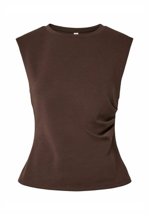 Ærmeløs mørkebrun top til kvinder med rund halsudskæring og diskret rynkning i højre side.