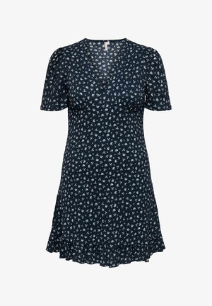 Kwiatowa sukienka w ciemnoniebieskim kolorze z krótkimi bufkami, dekoltem w kształcie litery V i falbaniastym dołem. Posiada biały wzór kwiatowy na całej powierzchni.