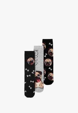 Three pairs of socks featuring pugs. Colors: black, gray, and black with white bones. Soft knit material, cartoon dog designs on each.