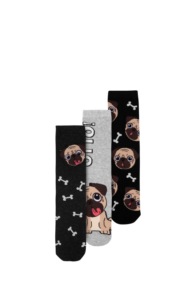 Tre paia di calze con pugs. Colori: nero, grigio e nero con ossa bianche. Materiale in maglia morbida, design di cani cartoon su ciascuna.