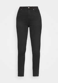 Högmidjade svarta skinny jeans i denim, med knappstängning, klassisk femficksdesign och slät yta.