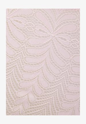 Lichtroze kantstof met ingewikkelde bloemmotieven en getextureerde draden, met een delicate, doorzichtige uitstraling en geschulpte randen.