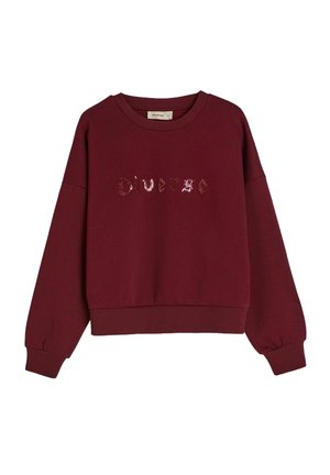 Burgundowy sweter z długimi rękawami, ściągaczami przy mankietach i dolnym wykończeniu. Z przodu znajduje się napis "Diverse" wykonany z cekinów. Miły w dotyku materiał, luźny krój.