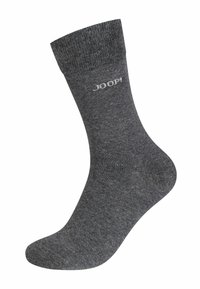 Calzino in cotone grigio con una fascia a coste. Presenta una texture liscia e il logo "JOOP!" ricamato in grigio chiaro sul lato.