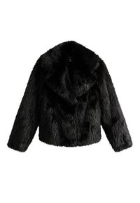 Svart faux fur-jacka med sjalkrage, långa ärmar och kort design. Har en mjuk, shaggy textur. Inga synliga knäppningar.