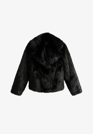 Zwarte nepbontjas met een sjawlboord, lange mouwen en een cropped ontwerp. Kenmerkt zich door een zachte, harige textuur. Geen zichtbare sluitingen.