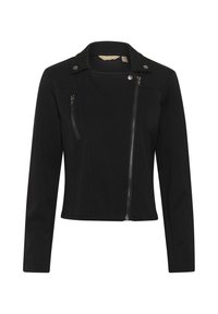 Černá bunda z elastické látky s přiléhavým střihem. Má přední zapínání na zip, boční kapsy a druky na límci.