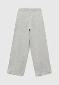 Sive široke hlače iz mehkega materiala, z elastičnim pasom in brez vidnih zaponk. Hlačnice so ravne in tekoče.